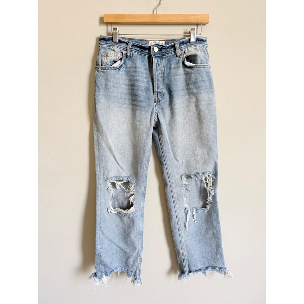 We The Free Free People Distressed Straight Leg Jeans Light Wash Raw Hem 26